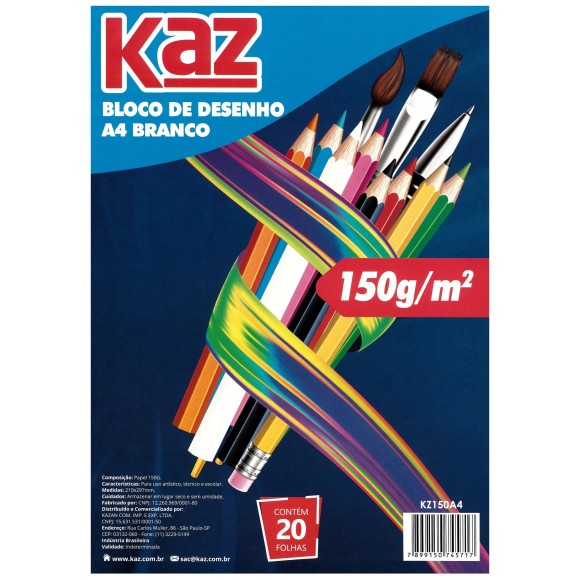 Bloco Desenho A4 Branco 150gr C20 Folhas Kaz 3179