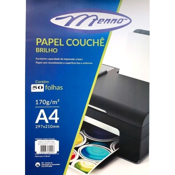 Papel Couche Brilho 170gr A4 C50 Folhas Menno 3837